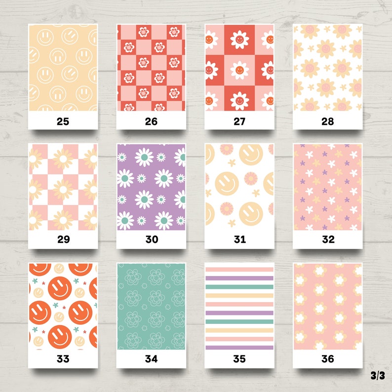 May include: A set of 12 digital paper designs featuring various patterns, including smiley faces, flowers, and checkered designs. The papers are in a variety of colors, including yellow, orange, red, pink, purple, green, and blue.
