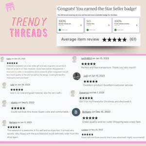Puede incluir: Una captura de pantalla de las rese&ntilde;as de clientes de una tienda de Etsy. La tienda se llama "Trendy Threads" y ha ganado la insignia "Star Seller". Las rese&ntilde;as son todas positivas y destacan la calidad de los productos y la rapidez del env&iacute;o.