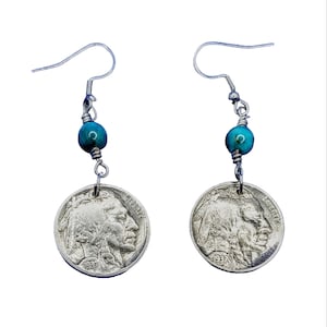 1937 Indian Head Buffalo Nickel Earrings With Turquoise Beads