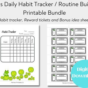 Op de afbeelding: Printbare gewoontetracker en beloningskaartjes voor kinderen. De zwart-witte printbare vellen hebben een kikker- en waterleliebladontwerp. De tekst op de pagina luidt: "Kids Daily Habit Tracker / Routine Builder Printable Bundle Habit tracker, Reward tickets and Bonus idea sheets Habit Tracker Year Month Week 1 Habit Monday Tuesday Wednesday Thursday Friday Saturday Sunday Planners Printables Co REWARD REWARD REWARD REWARD REWARD REWARD REWARD REWARD REWARD REWARD Digital Download Planners Printables Co"