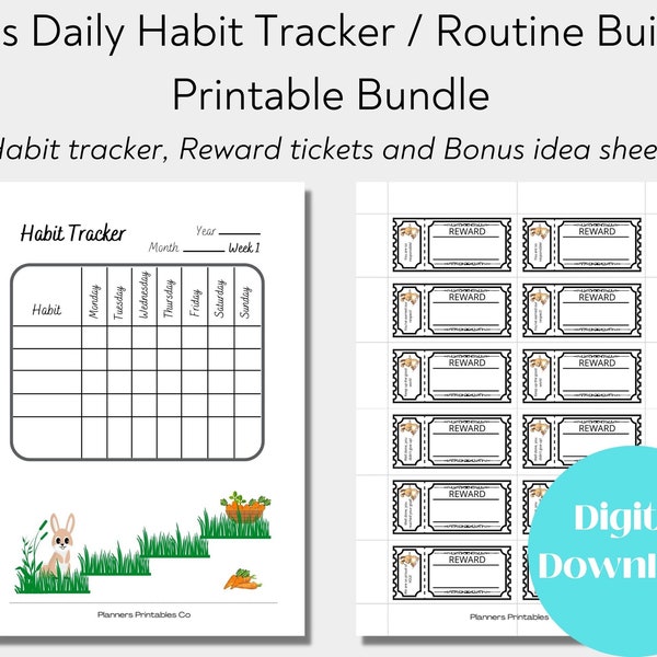 Kids Habit Tracker Printable, Fun Routine Checker, Bunny, Daily Weekly Monthly, Kids Reward tickets coupons, Instant pdf Download. A4/Letter