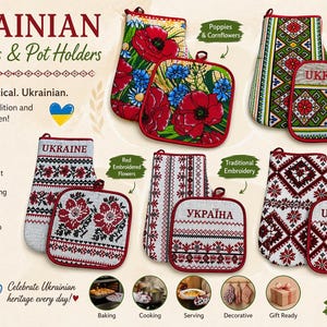May include: Ukrainian oven mitts and pot holders with traditional embroidery. Designs include red embroidered flowers, poppies, and folk ornaments. The text "UKRAINE" and "УКРАЇНА" are visible on some items. Made in Ukraine.