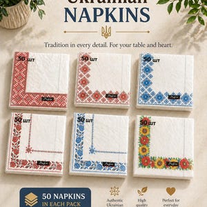 May include: White Ukrainian napkins with embroidered floral and geometric patterns in red, blue, and yellow. Each pack contains 50 napkins. The text on the image reads "Ukrainian NAPKINS" and "50 NAPKINS IN EACH PACK".