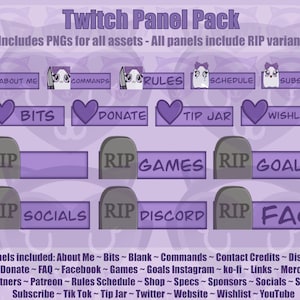 以下が含まれることがあります： かわいい漫画の幽霊のキャラクターをフィーチャーしたTwitchパネルグラフィックのセット。パネルには、About Me、Commands、Rules、Schedule、Subscribe、Bits、Donate、Tip Jar、Wishlist、Games、Goals、Socials、Discord、FAQなど、さまざまなカテゴリが含まれています。パネルは、RIPバリアントを備えたパープルとグレーのカラーテーマでデザインされています。