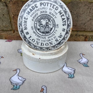 Antique English transfer ware Army and Navy potted meat white lid and pot