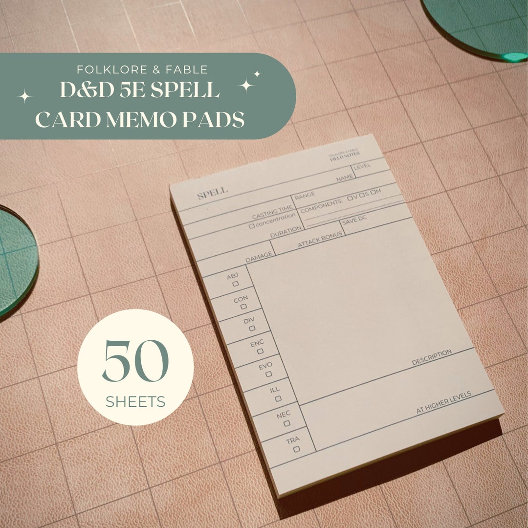 D&D Spell Card Memo Pads Dnd Player Notepads Dungeons and Dragons