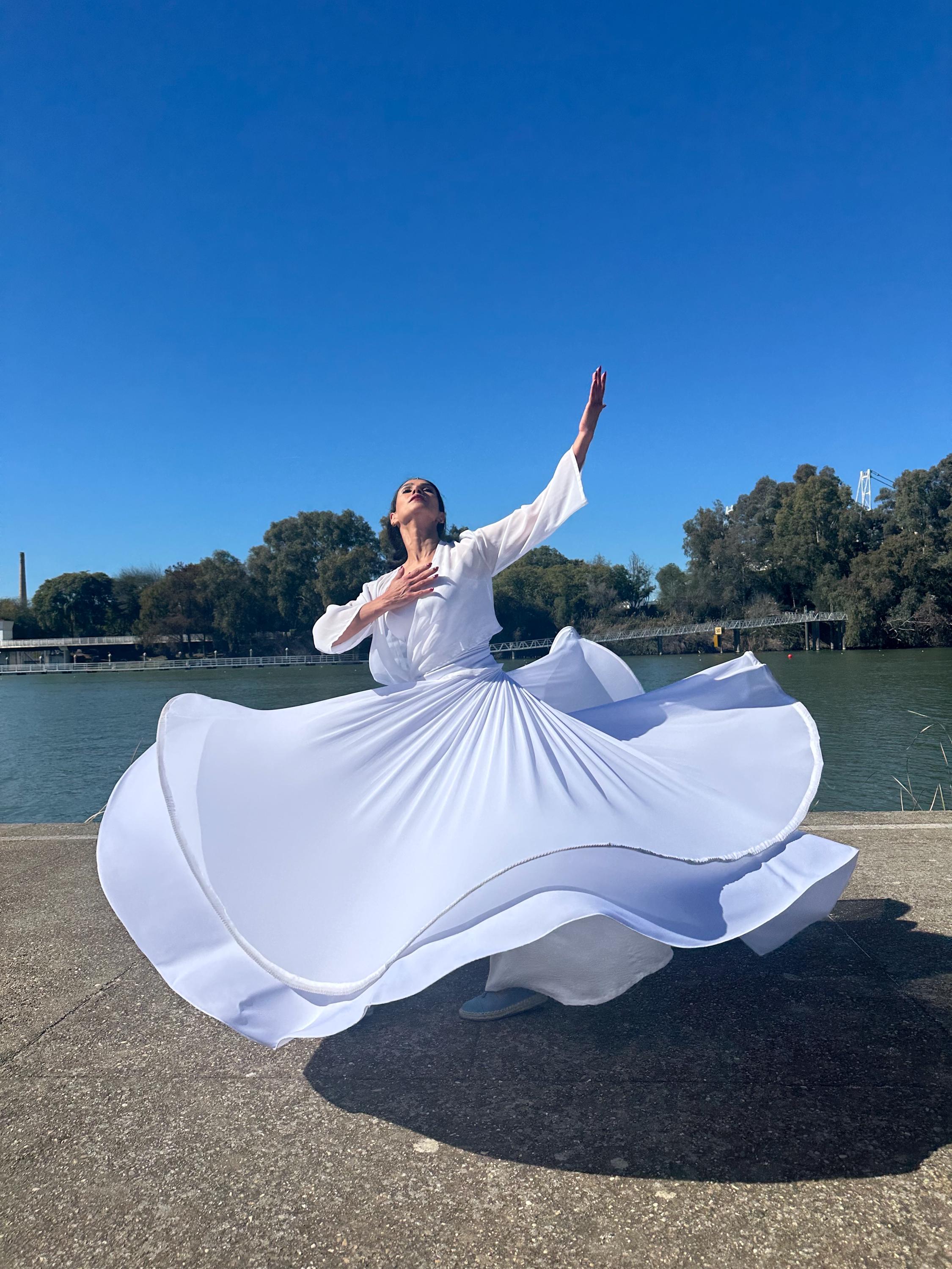 White Lily Dance Skirt: Flowing Sufi Performance Skirt