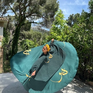 Emerald Green Sufi Skirt: Golden Hou Calligraphy, Khatoon Dance Wear - Small