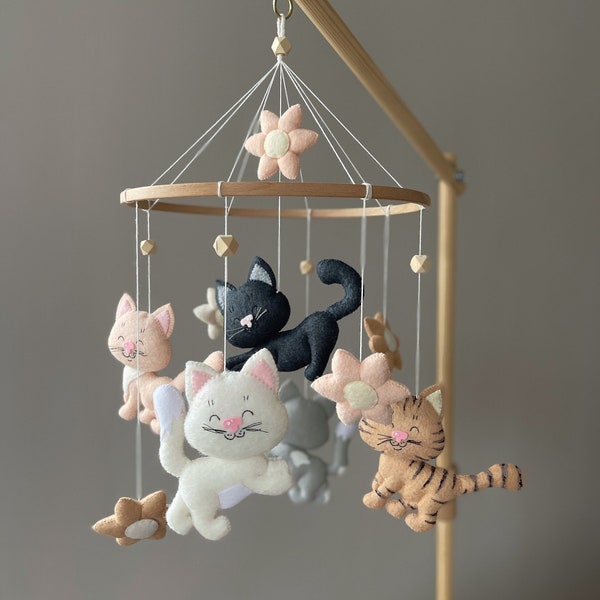 Felt Cat Baby Mobile Nursery Decor Gift for Cat Lovers Gift for Mom Neutral crib mobile Baby shower gift boy baby shower gift girl