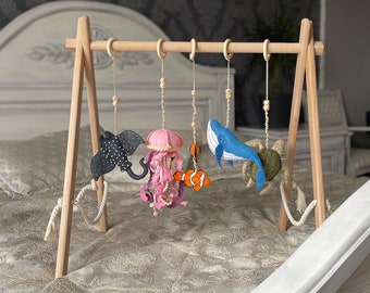 baby play gym set Wooden baby gym frame Baby gym toys Toddler activity center Foldable frame hanging bar Hanging sensory toys whale jellyfis