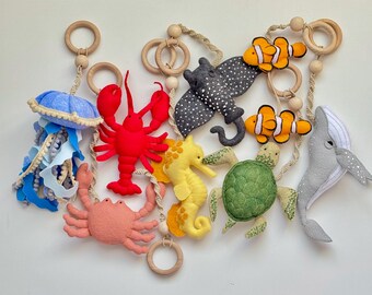 Montessori Baby Play Gym with Ocean Theme Toys, Sea Animal Rattles, Sensory Hanging Set for Newborn, Baby Shower  Gift, Developmental Toy