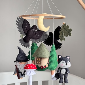 Forest Baby Mobile with Crow and Mushrooms, Felt Crib Mobile, Woodland Nursery Decor, Handmade Neutral Baby Mobile,  Hanging Mobile