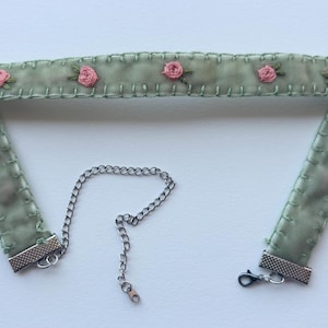 Handmade Hand Embroidered Velvet Choker Necklace- Sage Green and Pink Rose, Floral Theme, One Of A Kind