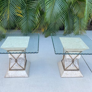 Travertine Stone Wrought Iron  Glass Top Side Tables