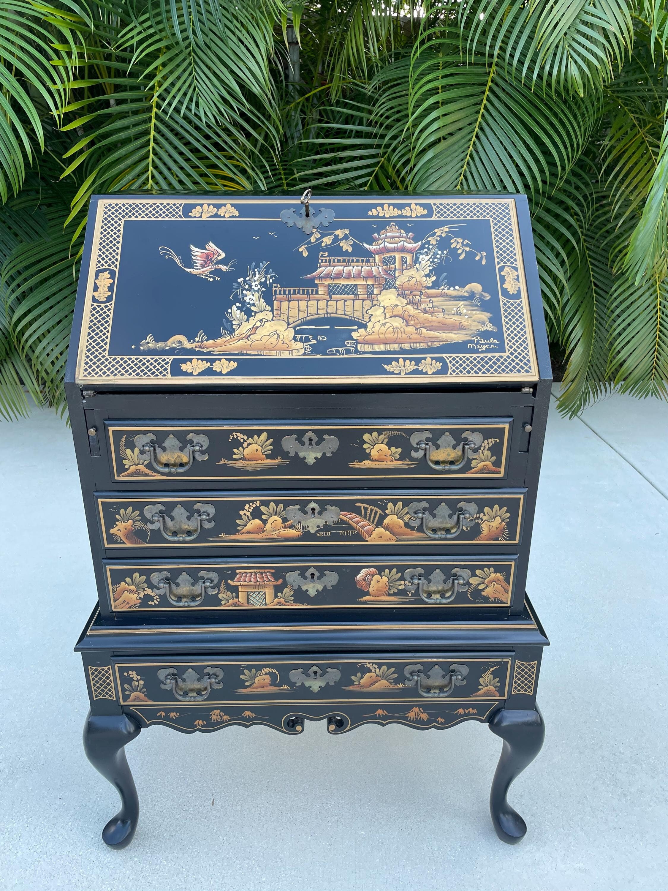 Vintage Maddox Chinoiserie Style Black Lacquer Slant-front Writing