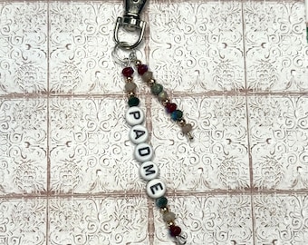 Star Wars Padme Amidala beaded name keychain with clip on key ring, used for backpacks, purses, etc.