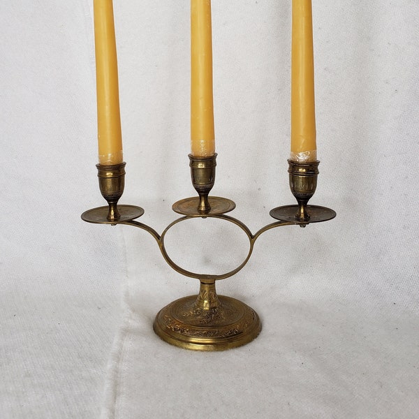Ornate Etched Brass Triple Candleholder | Folk Art Etched Design Boho Eclectic Hand Made Decor Engraved Candle Stick Holder Vintage Patina