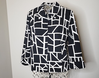 Joseph Ribkoff Vintage Abstract Black and White Cotton Jacket Enamel Rhinestone Zipper Detail Light Blazer Full Zip Union Made in Canada