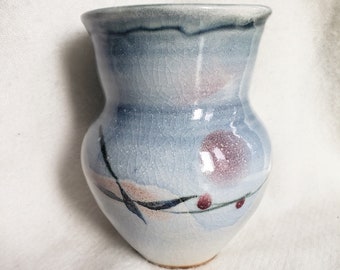 Handmade Asian Vase Cool Muted Blue Minimalist Scene Vintage Celadon Style Winter Neutral Ink Painting Art Ceramic Artist Signed Korea Japan
