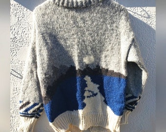 Vintage Knopf Up Cardigan Mondlandschaft Cowichan Stil Handgemachte Wolle Pullover Damen Warm Cozy