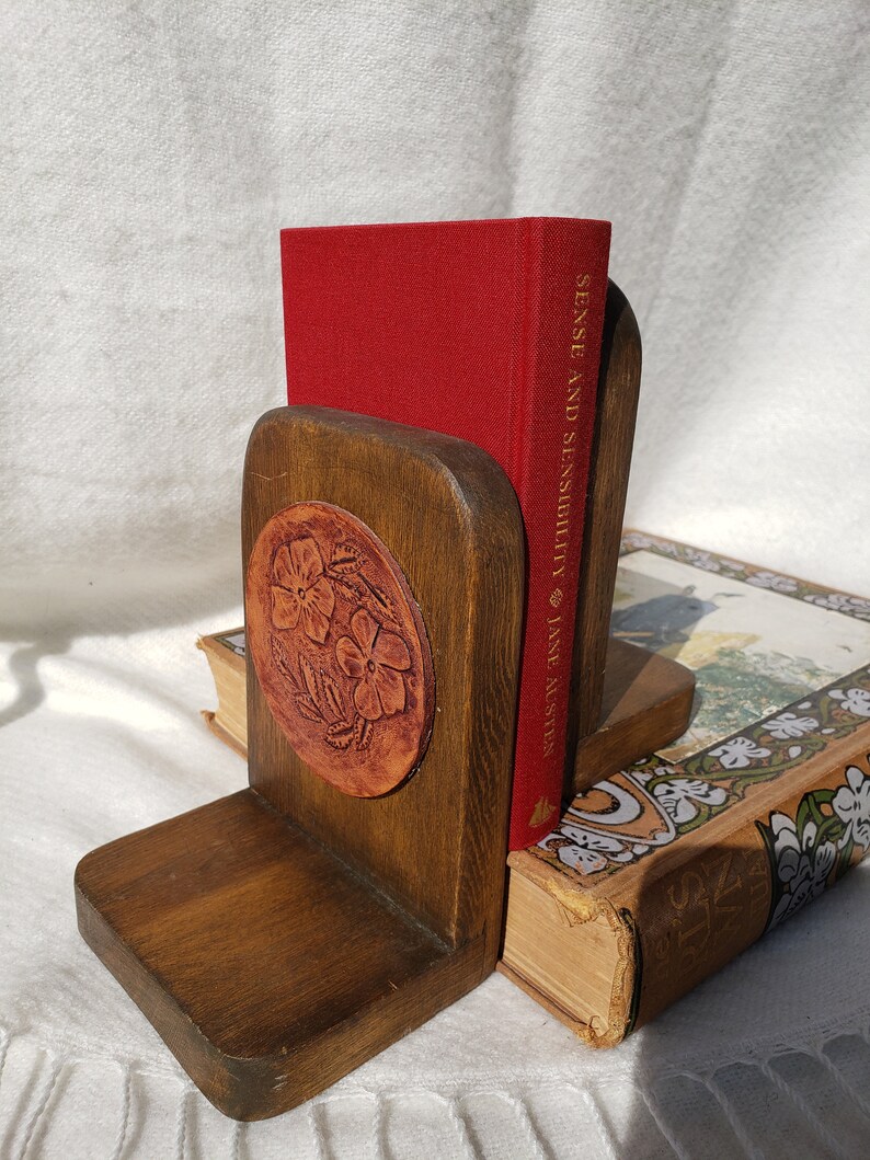Tooled Leather Wooden Bookends Vintage Boho Rustic Handmade Etsy