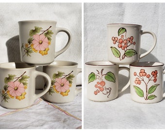 Vintage Flower Pattern Mug Sets Pink Whimsical Floral | Speckled Ceramic Wildflowers Berries Made in Korea Cute Granny Chic Coffee Tea Cups