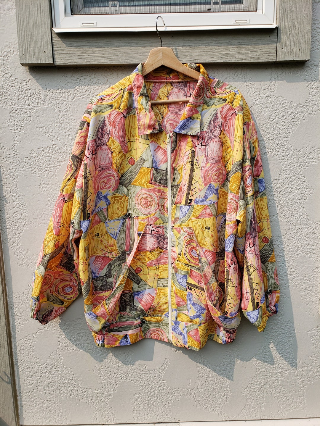 1980s Light Jacket Abstract Postmodern Print Unisex Zippered Casual