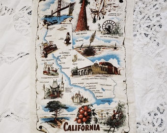California State Handpainted Linen Tea Towel Wall Hanging KayDee Design Vintage Novelty Midcentury Country Farmhouse Decor Tapestry Souvenir