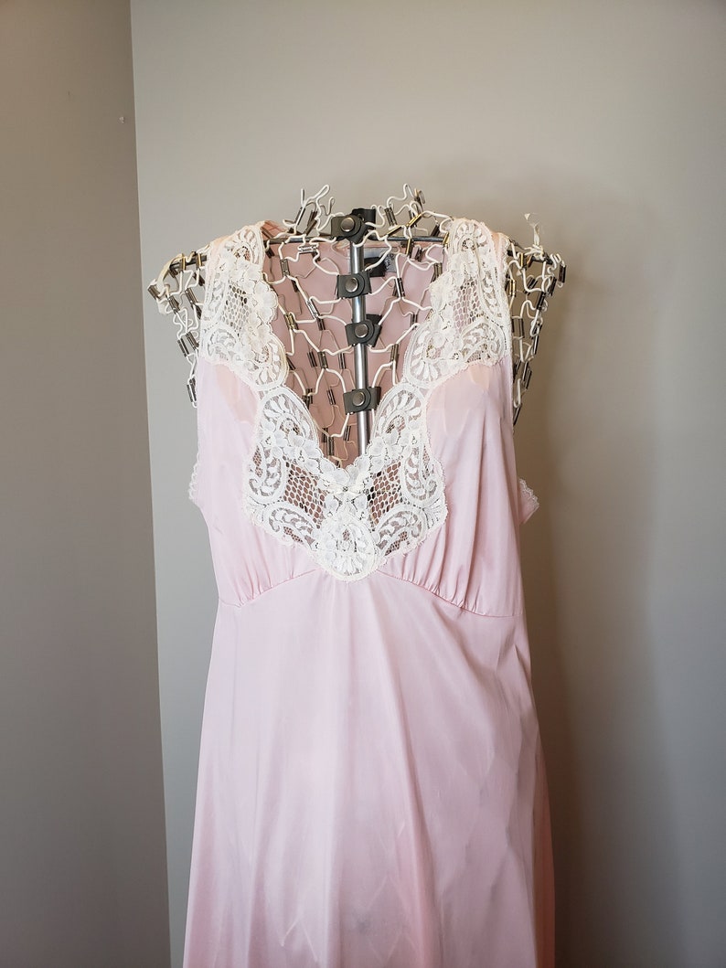 Unmentionables Vintage Lingerie Nightgown Maxi Floor Length Pink Cream Lace Rhinestone Detail Sheer Sexy Slip Negligee 70s 80s Size Large image 1