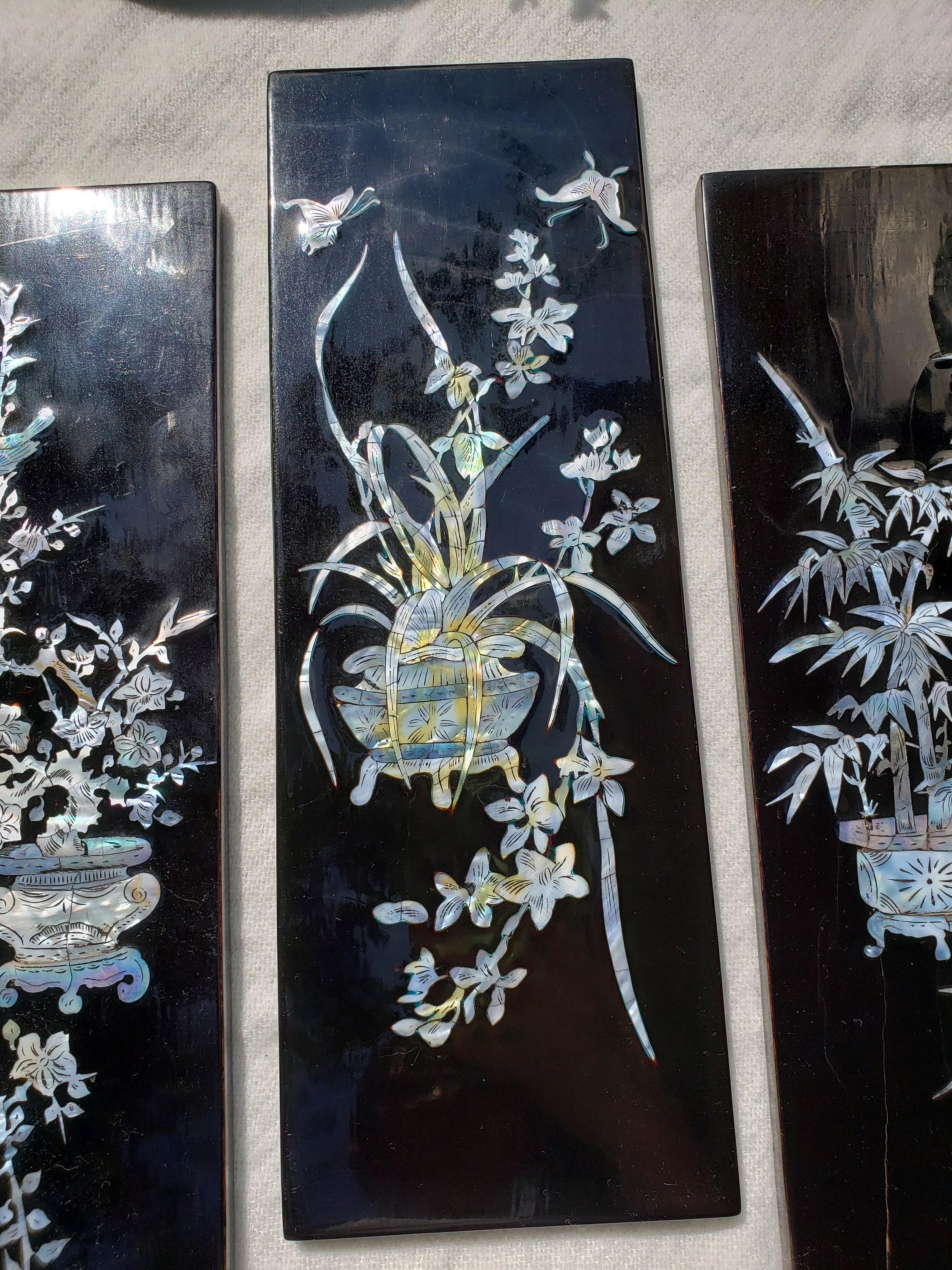 Asian Mother of Pearl Inlay Lacquered Wall Hanging Panels Set Etsy