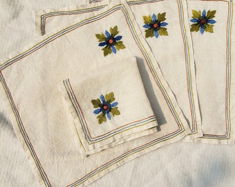 Embroidered Vintage Cloth Napkins Set of Four MCM Flower Floral Motif Handmade Natural Color Woven Fabric Linen/Cotton Blue Green Brown