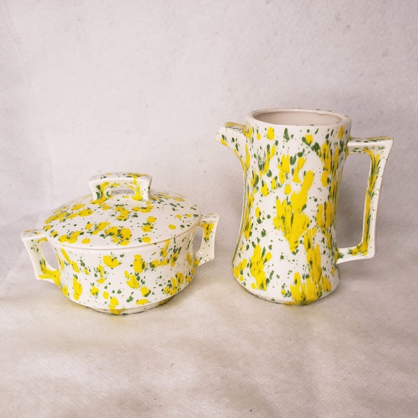 Vintage Speckled Confetti Glaze Cream and Sugar Set | Retro Arnel's Hobby Pottery Signed Green Yellow Eclectic Coffee Tea Kitchenware Dining