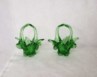 Pair of Vintage Green Art Glass Baskets | Tool Formed Chalet Style MCM Retro Colorful Hand Made Decor Mid Century Modern Votive Candleholder