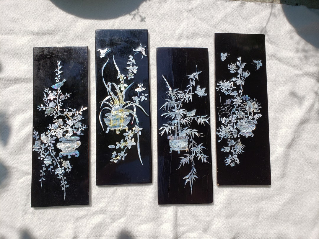 Asian Mother of Pearl Inlay Lacquered Wall Hanging Panels Set Etsy