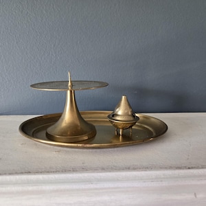 Vintage Brass Objects Lot | Candleholder, Tray & Incense Holder Folk Art Floral Engraved Design Boho Eclectic Mid Century Gold Metal Decor