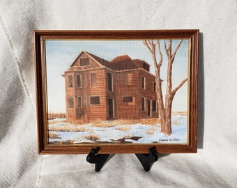 Original Vintage Painting of Mitchell House, Saskatchewan Canadian Artist Signed Abandoned Prairie Cabin Winter Scene Nature Outdoors