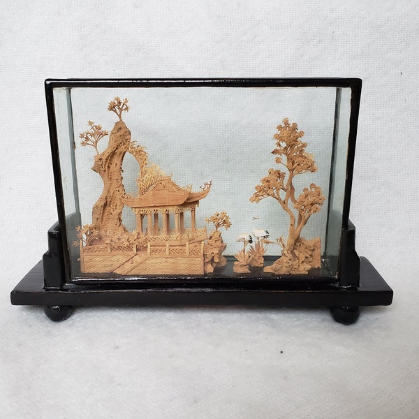 Chinese Corkwood Diorama | Vintage Mid Century Wood Carving Nature Scene with Cranes Mountains Trees Temple Pagoda/Pavilion Asian Decor