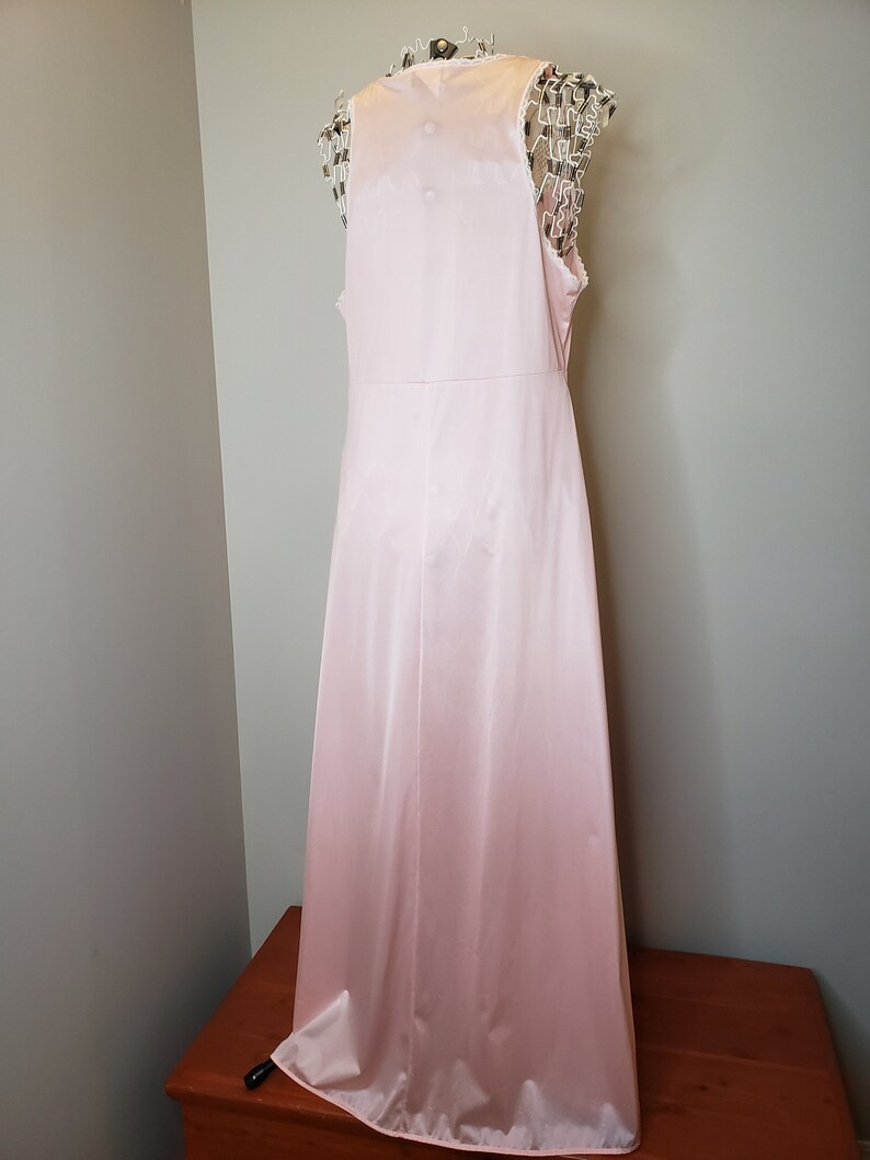 Unmentionables Vintage Lingerie Nightgown Maxi Floor Length Pink Cream Lace Rhinestone Detail Sheer Sexy Slip Negligee 70s 80s Size Large image 4