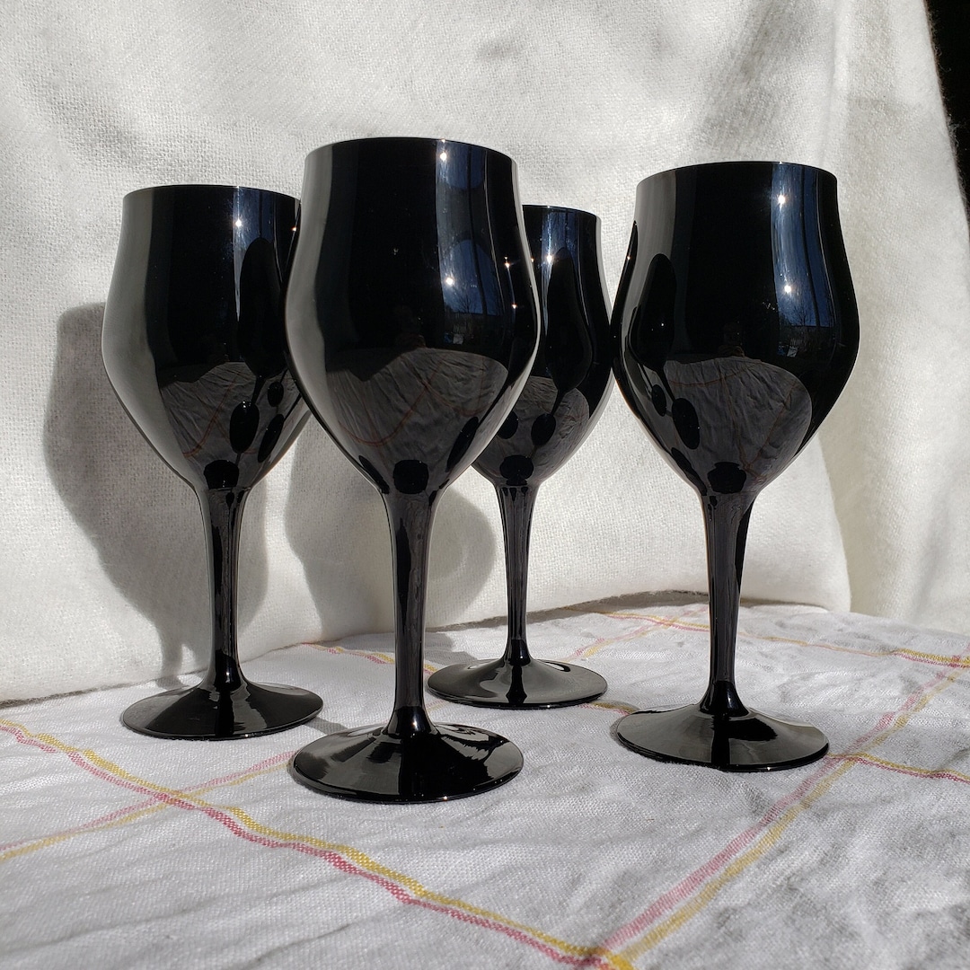 Vintage Black Crystal Wine Glasses Set of Four Blown Glass Retro