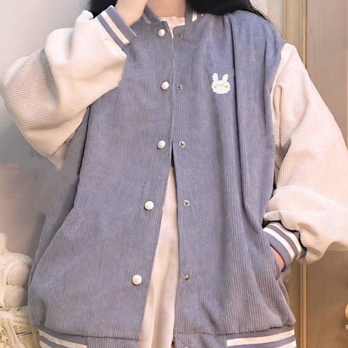 Corduroy Jacket Kawaii Varsity Jacket Y2K Embroidered Bomber Etsy