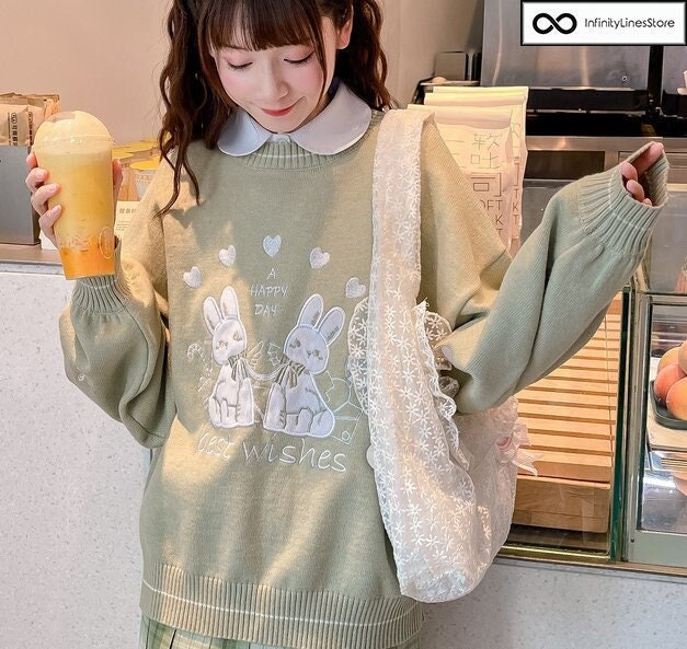 Rabbit Embroidered Sweater Bunny Knitted Sweater Cute Kawaii - Etsy