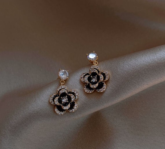  Fashion jewelry floral design rhinestone camellia earrings  studs for women : Clothing, Shoes & Jewelry