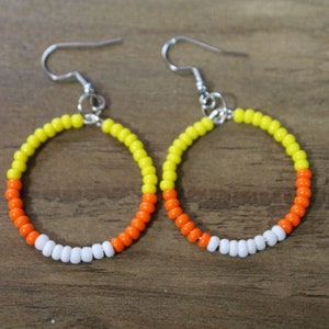 Candy Corn Halloween Fall 316L Surgical Stainless Steel Earrings Dangle Beaded Hoops Sensitive Ears 30mm