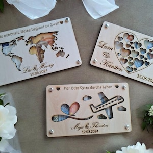 Geldgeschenk aus Holz personalisiert | Lasergravur Weltkarte, Herzen, Flugzeug | Hochzeit | Geschenk mit Namen