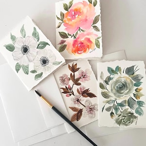Ensemble de 4 cartes de voeux de fleurs aquarelles peintes à la main, lot de 4.