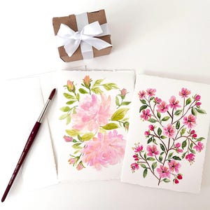 2 cartes de voeux aquarelle de fleurs 5 x 7 peintes à la main.
