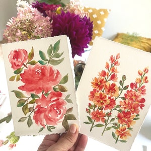 Fleurs aquarelles peintes à la main, lot de 2 cartes vierges de 5 x 7 pouces.