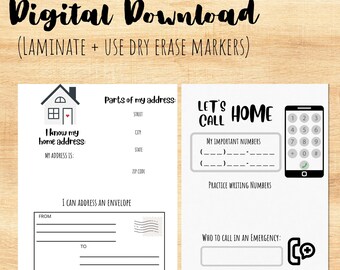 May include: A printable worksheet for kids to practice writing their home address and phone numbers. The worksheet features a house, an envelope, and a phone. The text on the worksheet says "I know my home address" and "Let's call home".