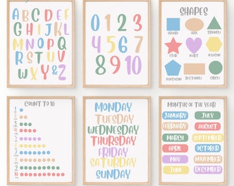 Set von Lernpostern, 6 Homeschool-Poster, Montessori-Klassenzimmerdekor, Kinderdekor, Lerndekor, digitaler Download, Lernen