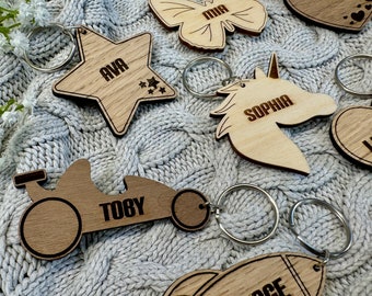 Cute Keyring, Magnet or Custom Pin Badge | Personalised Wood or Acrylic Kids Backpack Childrens School Bag Nursery Name Tag Label Girls Boys